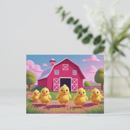 Happy Spring Chicks in Barnyard ポストカード (スタンド正面)
