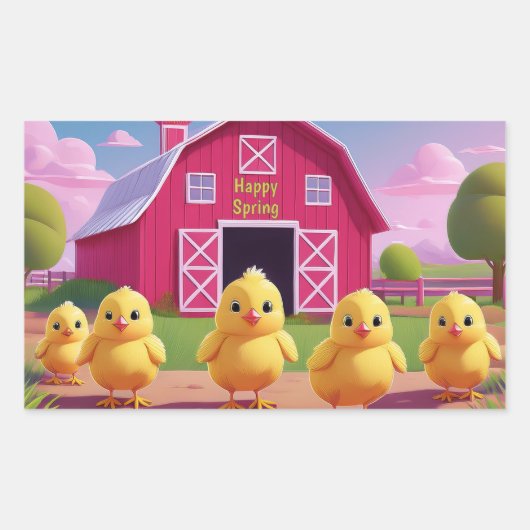 Happy Spring Chicks in Barnyard 長方形シール (正面)