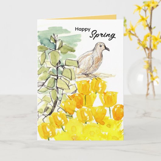 Happy Spring Dove Tree Yellow Wildflowers カード (黄色い花)