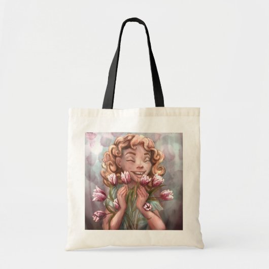 Happy Spring Tulip Girl Tote Bag トートバッグ (正面)