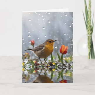 Happy Spring Vernal Equinox Cute Bird and Tulip  カード
