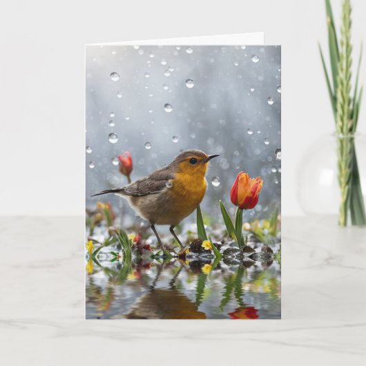 Happy Spring Vernal Equinox Cute Bird and Tulip  カード (正面)
