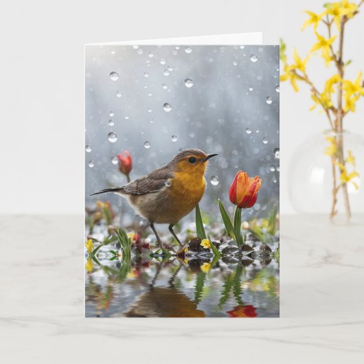 Happy Spring Vernal Equinox Cute Bird and Tulip  カード (黄色い花)
