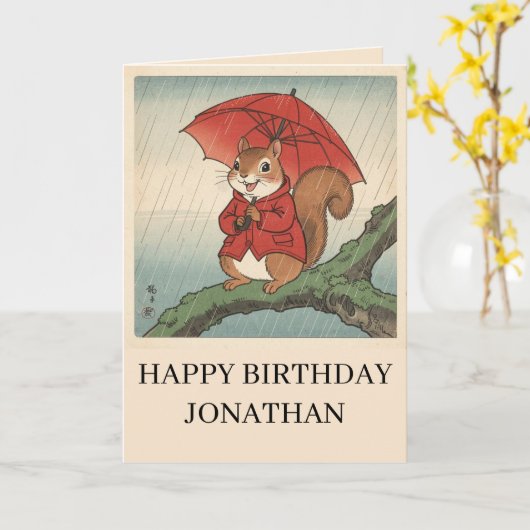 Happy Squirrel Matsumoto Hoji Style Birthday カード (黄色い花)