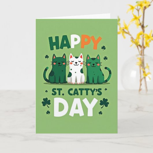Happy St Cattys Day Fun Cats Card カード (黄色い花)