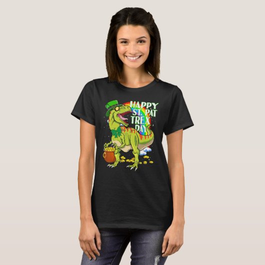Happy St Pat T-rex Day Green Lucky Shamrock St Pat Tシャツ (正面フル)