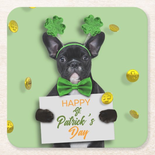 Happy St. Patrick’s Day Clover Cute French Bulldog スクエアペーパーコースター (正面)