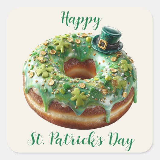 Happy St. Patrick’s Day Donut with Leprechaun Hat スクエアシール (正面)