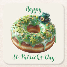 Happy St. Patrick’s Day Donut with Leprechaun Hat スクエアペーパーコースター