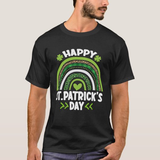 Happy St Patrick s Day Leopard Print Rainbow Shamr Tシャツ (正面)