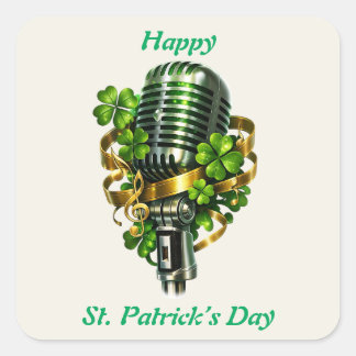 Happy St. Patrick’s Day Shamrock & Microphone スクエアシール