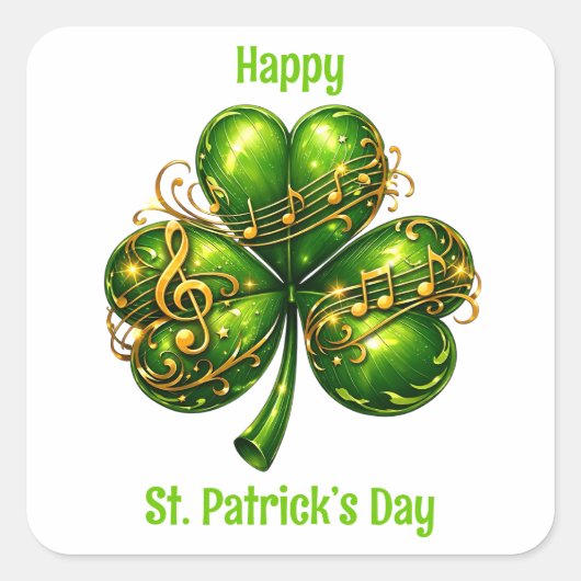 Happy St. Patrick’s Day Shamrock Music スクエアシール (正面)