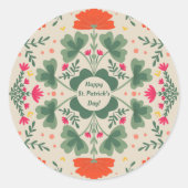 Happy St. Patrick's Dayクローバーと花 ラウンドシール (正面)