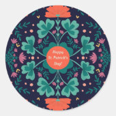 Happy St. Patrick's Dayクローバー&フラワー ラウンドシール (正面)