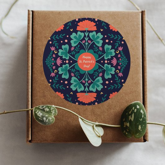 Happy St. Patrick's Dayクローバー&フラワー ラウンドシール