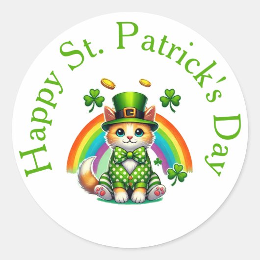 Happy St. Patrick's Day Catスタンプ – Leprechaun ラウンドシール (正面)