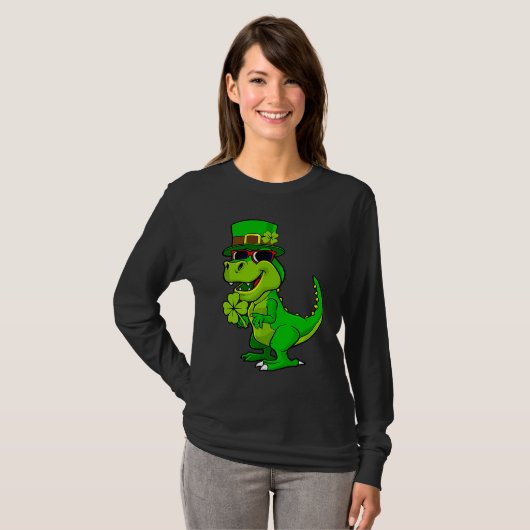 Happy St Patrick's Day Dinosaur Rex Lucky Shamrock Tシャツ (正面フル)