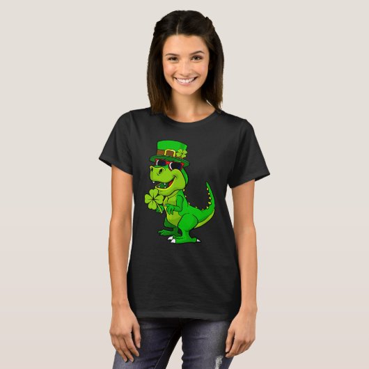 Happy St Patrick's Day Dinosaur Rex Lucky Shamrock Tシャツ (正面フル)