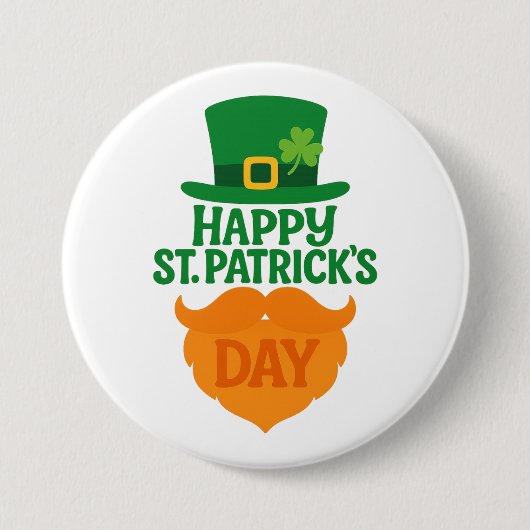 Happy St Patricks Day Leprechaun Beard and Hat 缶バッジ (正面)