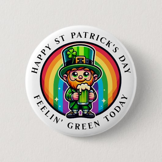 Happy St Patrick's Day Leprechaun with Green Beer 缶バッジ (正面)
