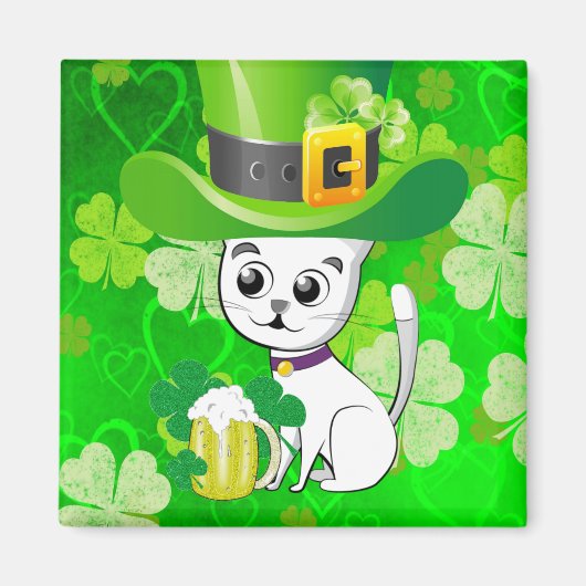 Happy St. Patrick's Day Magnets Shamrock Cat Beer マグネット (正面)