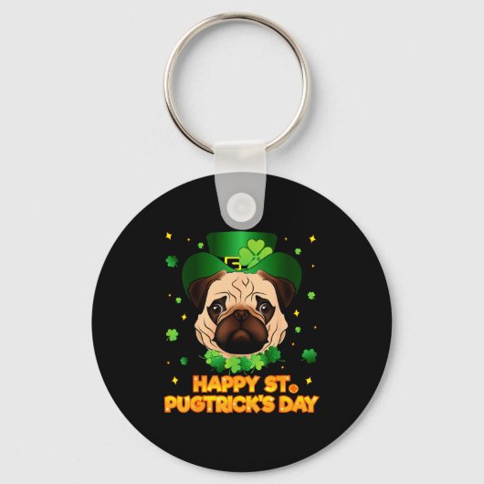 Happy St Patricks Pugtricks Day Irish Pug Leprecha キーホルダー (正面)