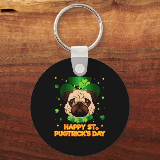 Happy St Patricks Pugtricks Day Irish Pug Leprecha キーホルダー (正面)