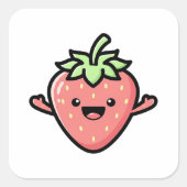 Happy Strawberry – Cute Kawaii Illustration スクエアシール (正面)