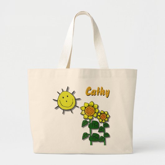 Happy Sun and Sunflowers ラージトートバッグ (正面)