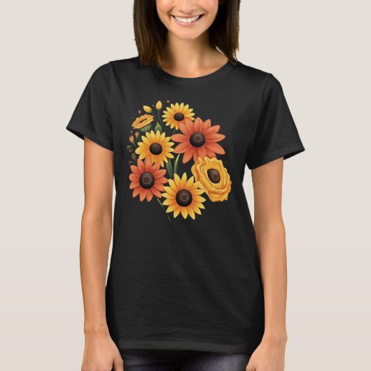 Happy Sunflower Garden – Cute Smiling Sunflowers  Tシャツ (正面)