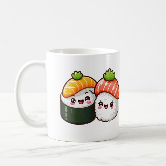 Happy Sushi -おもしろいかわいいフードアート コーヒーマグカップ (左)