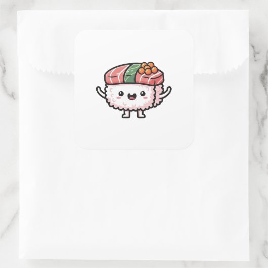 Happy Sushi Slice – Cute Kawaii Illustration スクエアシール (バッグ)