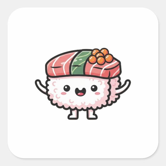 Happy Sushi Slice – Cute Kawaii Illustration スクエアシール (正面)