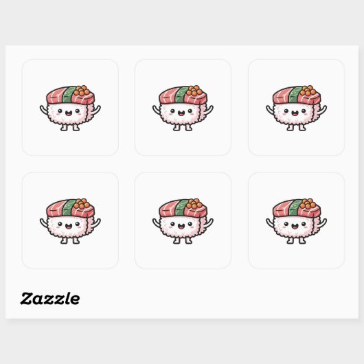 Happy Sushi Slice – Cute Kawaii Illustration スクエアシール (シート)