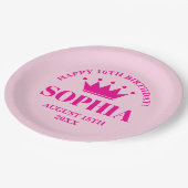 Happy Sweet 16th Birthday pink princess crown ペーパープレート (アングル)