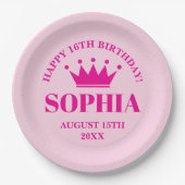 Happy Sweet 16th Birthday pink princess crown ペーパープレート (正面)