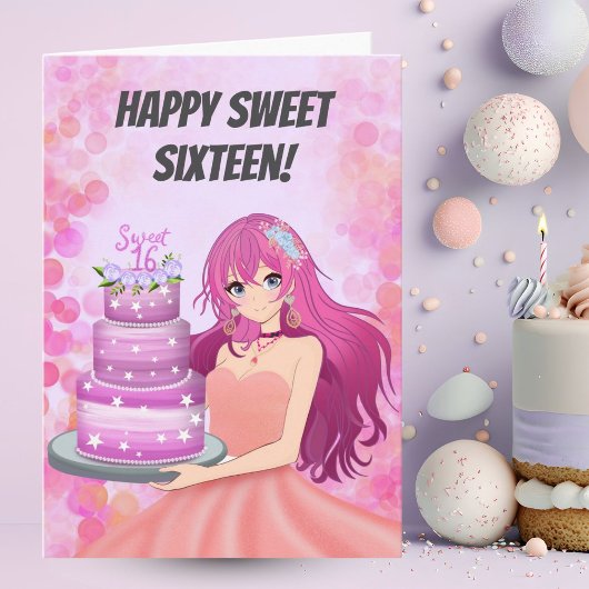 Happy Sweet Sixteen Anime Girl With Cake カード