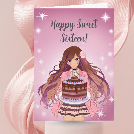 Happy Sweet Sixteen Teenager Girl with Cake カード