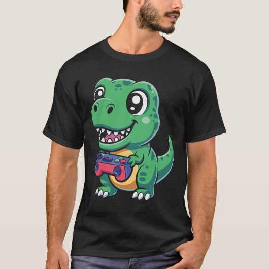 Happy T-rex With Game Controller Cute Gamer Dino T Tシャツ (正面)