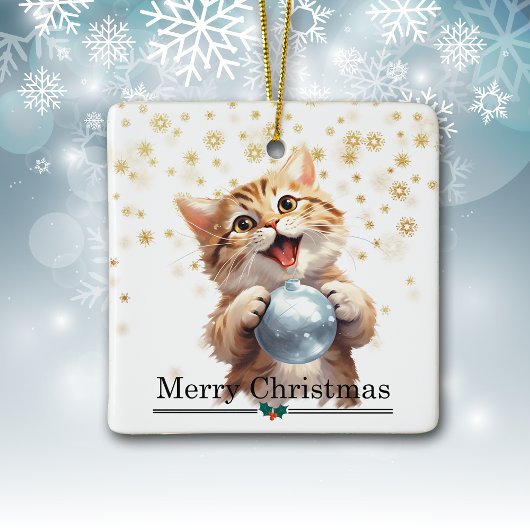 Happy Tabby Kitten with Christmas Tree Bulb セラミックオーナメント
