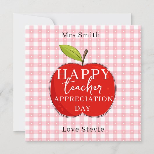 Happy Teacher Appreciation Card | 赤いりんごとピンクのギンガムチェ (正面)