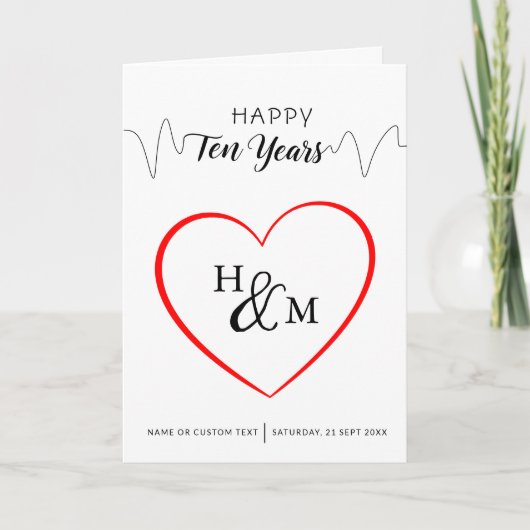 Happy Ten Years Elegant Monogram Heart Anniversary カード (正面)
