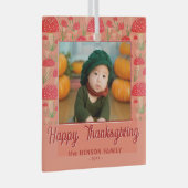Happy Thanksgiving赤いキノコ秋写真 ガラスオーナメント (正面右)