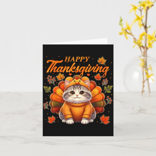 Happy Thanksgiving Cat Turkey Day Autumn Fall Men  カード (黄色い花)