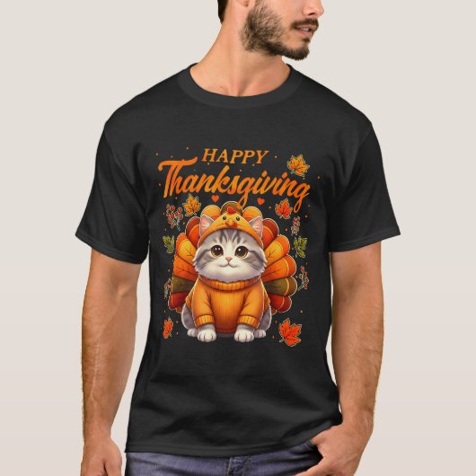 Happy Thanksgiving Cat Turkey Day Autumn Fall Men  Tシャツ (正面)