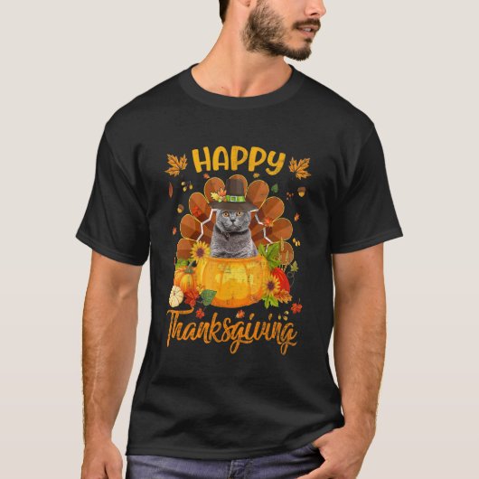 Happy Thanksgiving Cat Turkey Pumpkin Tシャツ (正面)