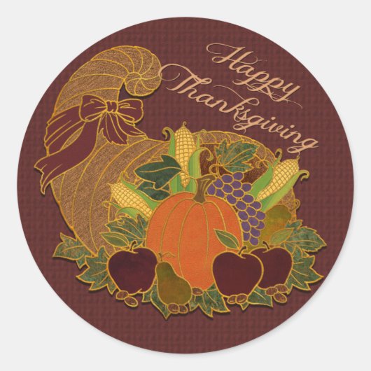Happy Thanksgiving Cornucopiaスタンプ ラウンドシール (正面)