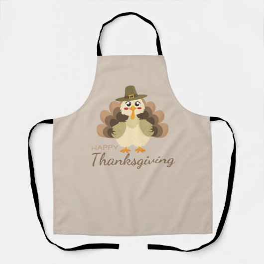 Happy Thanksgiving Cute Turkey Fall Brown エプロン (正面)