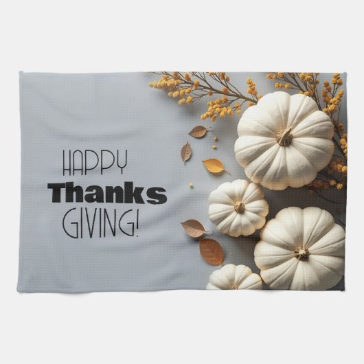 Happy Thanksgiving Day White Pumpkins  キッチンタオル (横)