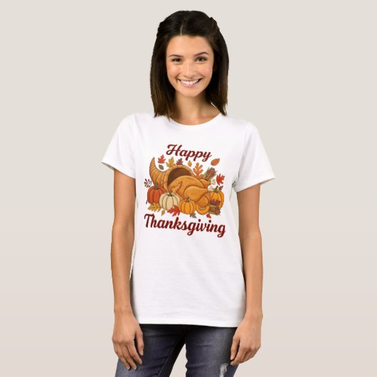 Happy Thanksgiving Design — Fall Leaves, Pumpkins  Tシャツ (正面フル)